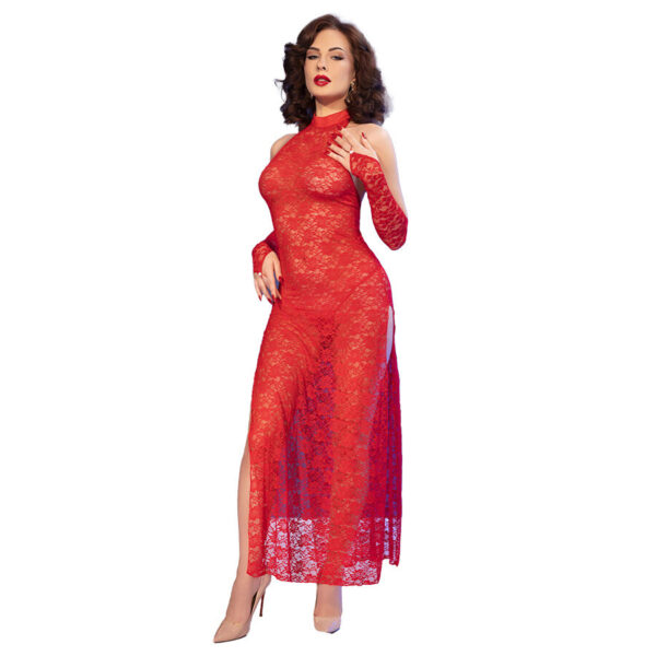 CHILIROSE - CR 4853 VESTIDO DE RENDA VERMELHO COM LUVAS P/M - Image 3