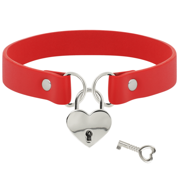 COQUETTE CHIC DESIRE - COLAR DE COURO VEGANO VERMELHO COM ACESSÓRIO DE CORAO COM CHAVE - Image 3
