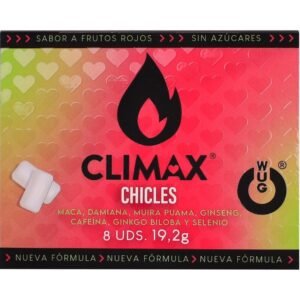 WUG Climax - Goma de mascar funcional com Maca, Damiana e Ginseng para aumentar o desejo e a vitalidade íntima. Cartela com 8 unidades.