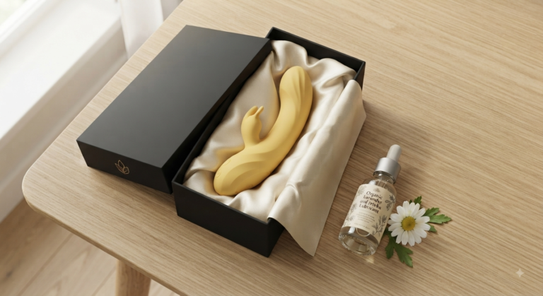 Caixa preta de unboxing aberta com brinquedos sexuais na relação, incluindo massajador de silicone amarelo em formato de banana e lubrificante biológico.